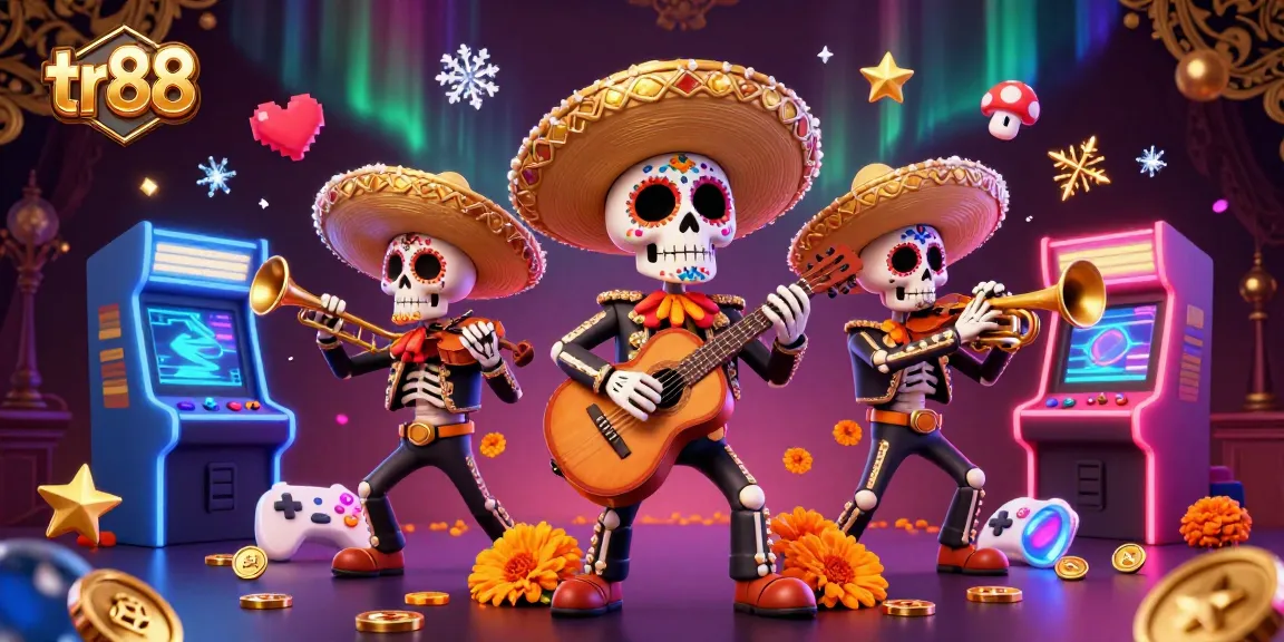 Experience vibrant 3D gaming fun at tr88 with energetic mariachi skeletons amidst colorful casino elements.