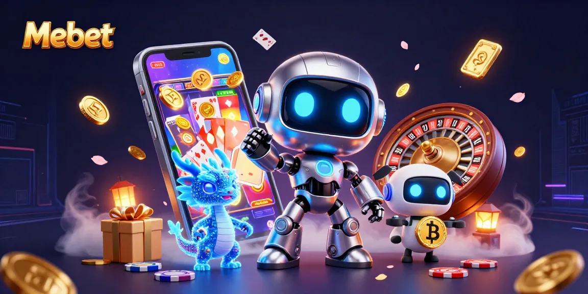 Mebet offers vibrant casino animations featuring a cyberpunk robot, AI dragon, and drone, creating an engaging gambling atmosphere.