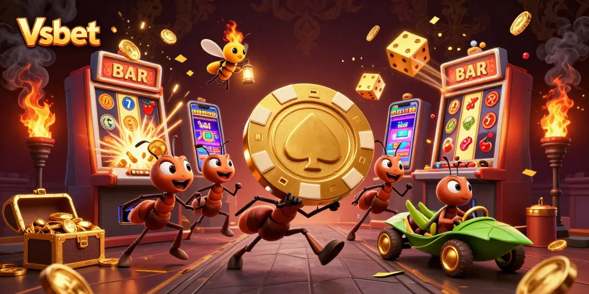 Vsbet ants heist illustration showcasing vivid casino elements and vibrant dynamics in 3D gaming scene.