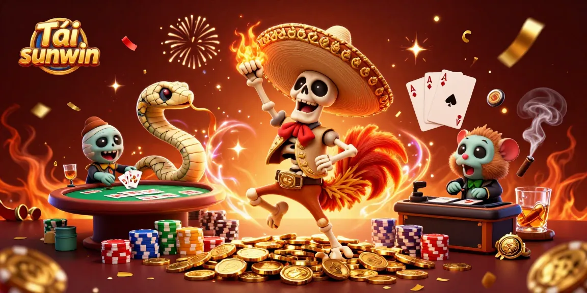 Tải sunwin showcases a vibrant celebration scene with unique characters in a casino setting, surrounded by poker elements and gold coins.