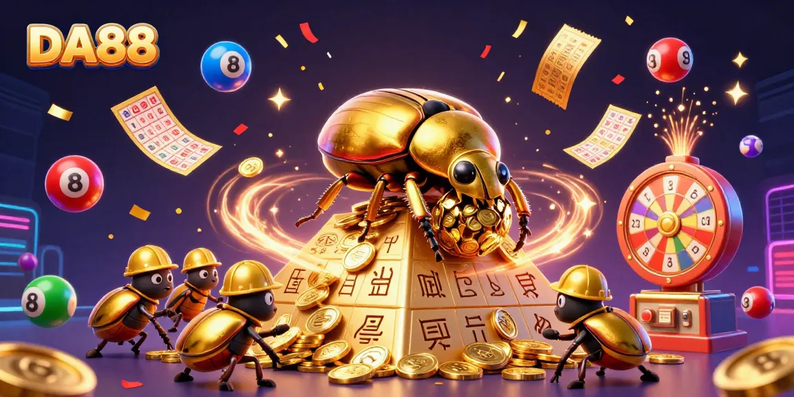Experience DA88's thrilling action with vivid casino symbols and dynamic lottery elements in a packed scene.