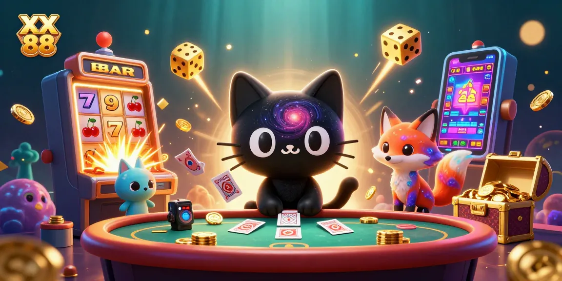 Engage with XX 88's cosmic casino vibes featuring a unique black hole cat and colorful fox.