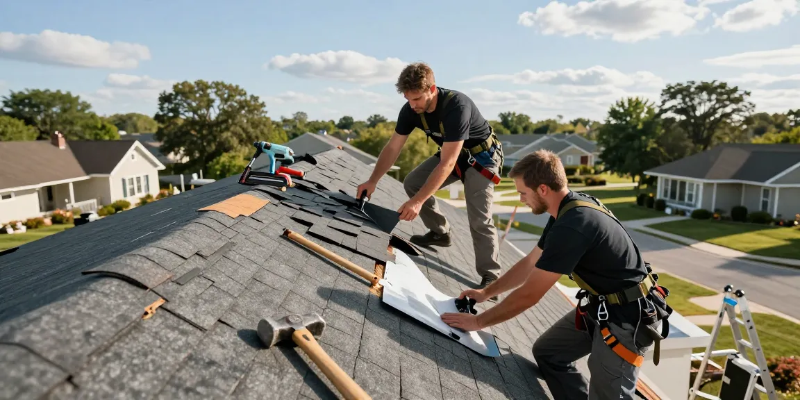 Roof repair experts evaluating and fixing shingles on a suburban home rooftop during bright daylight