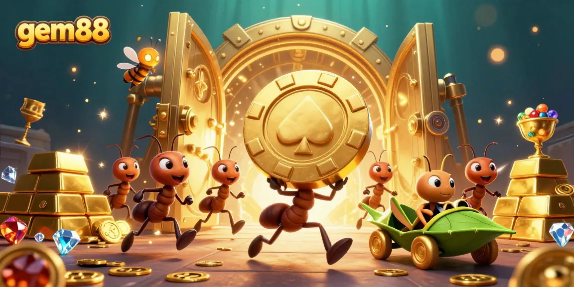 Experience the excitement of gem88 with cartoon ants on a heist in a dazzling casino scene.