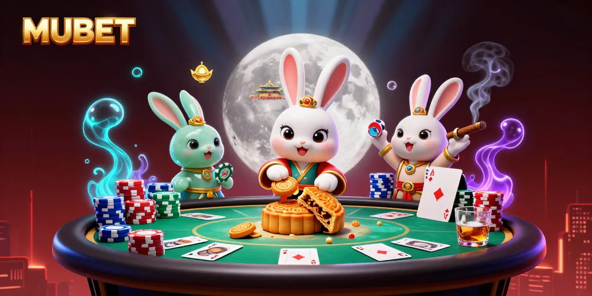 MUBET showcases a lively moon-themed casino illustration with poker elements and vibrant characters.
