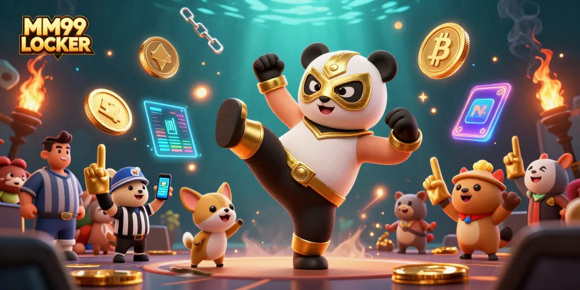 Experience thrilling action at MM99 LOCKER with a panda giving a flying kick during a cryptocurrency-themed event.