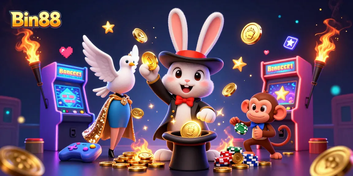 Experience thrilling gameplay at Bin88, as a magician pulls coins while a monkey steals poker chips.