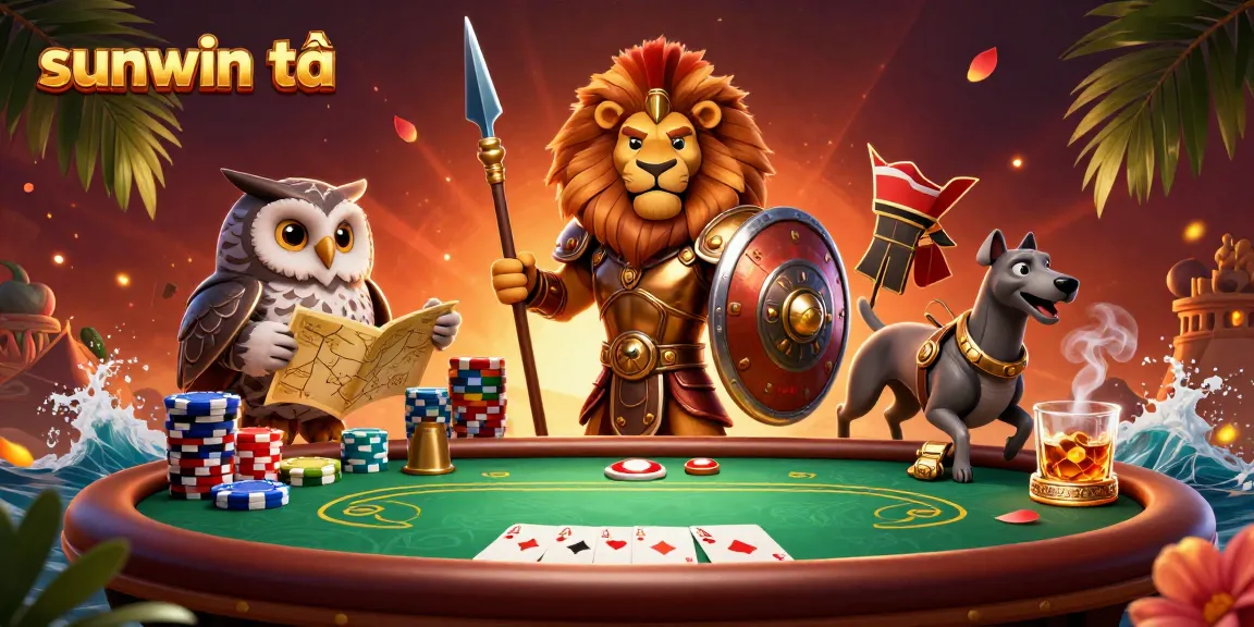 Experience sunwin tải for exciting poker gameplay with a majestic lion, wise owl, and speedy greyhound illustration.