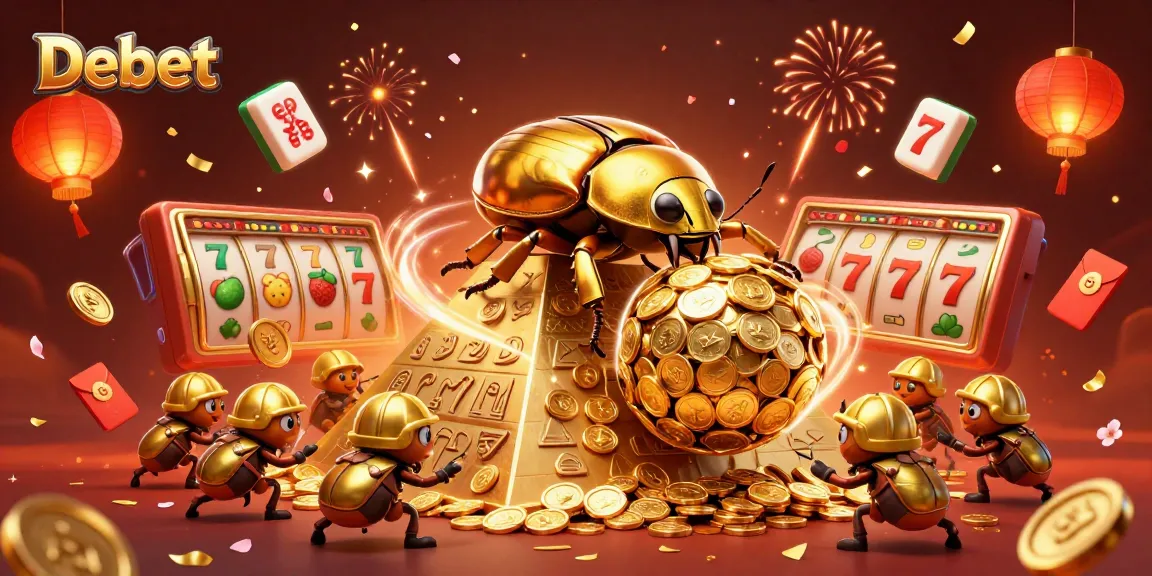 Debet showcases a golden dung beetle rolling coins in a vibrant casino illustration packed with celebratory elements.
