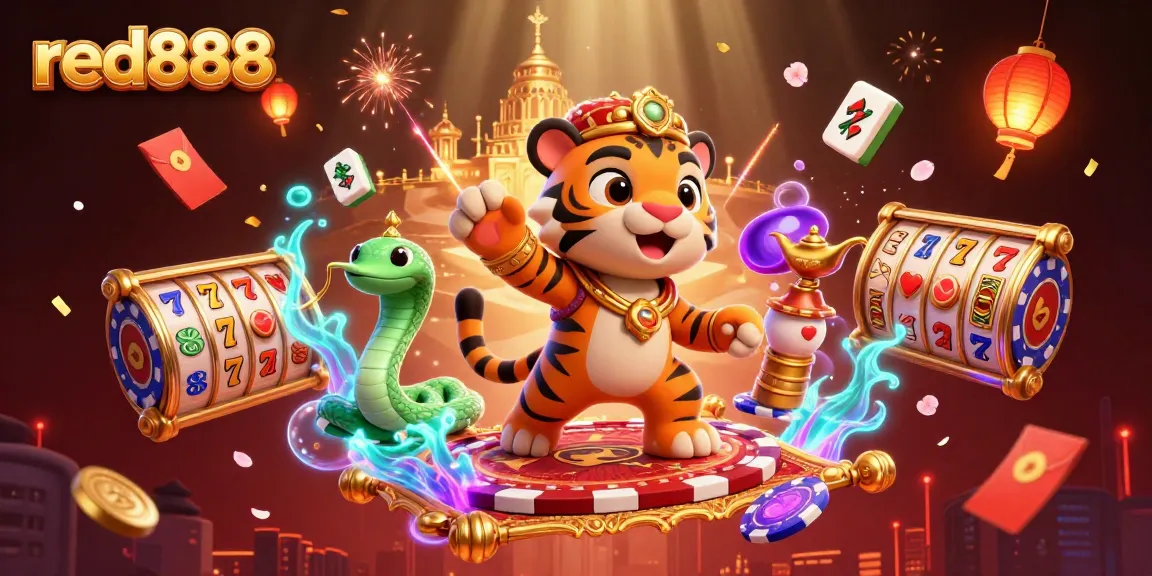 Experience the excitement of red888 with our vibrant 3D casino illustration featuring dynamic slot reels and iconic symbols.