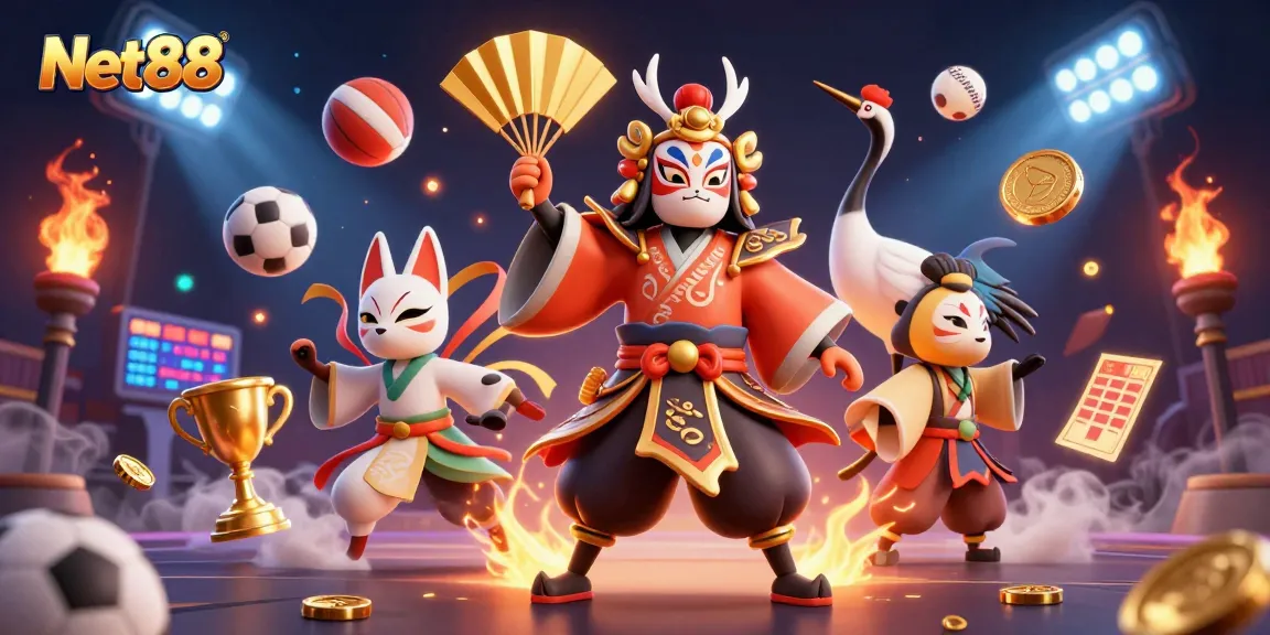 Engage with vibrant Net88 sports betting illustration featuring dynamic elements and lively characters.
