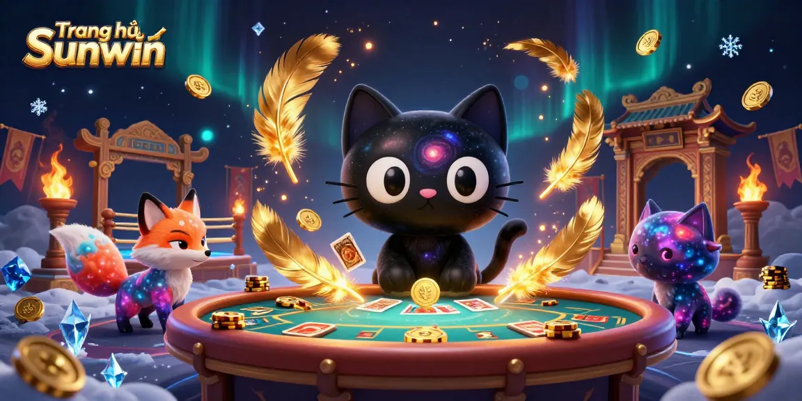 Experience the cosmic charm of Trang chủ Sunwin with a captivating casino scene featuring a black hole cat and nebula fox.