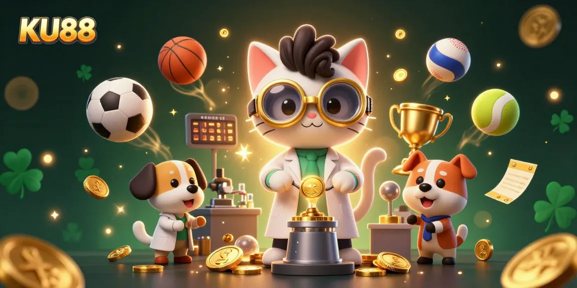 Bet on KU88 with excitement in a vibrant scene showcasing a mad scientist cat and dynamic sports elements.