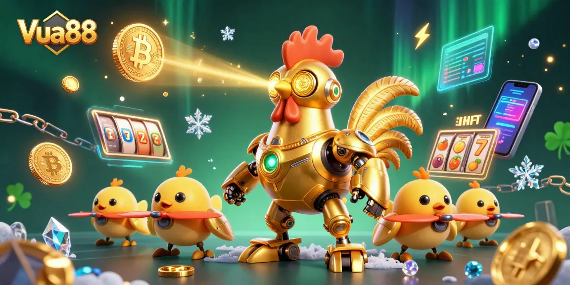 Experience vibrant gameplay at Vua88 with golden rooster robot and crypto-themed gameplay elements.