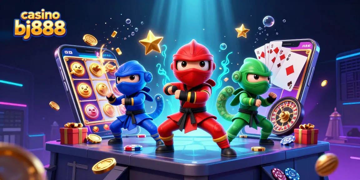Experience thrilling action at casino bj888 with ninja chameleons and exciting game elements in vibrant casino illustration.