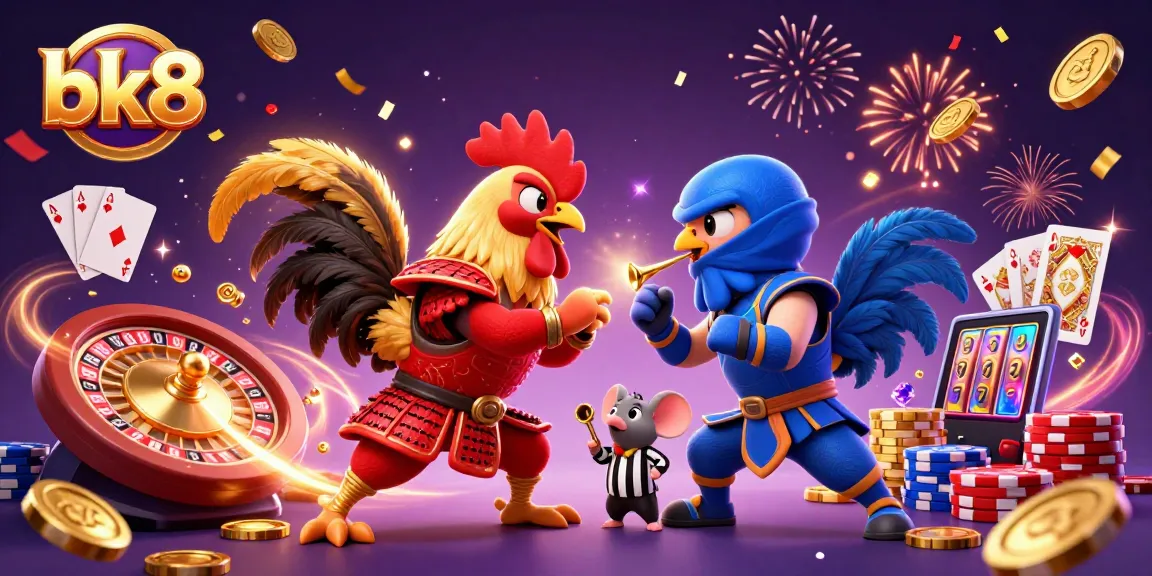 Experience the thrill of bk8 as roosters duel amid cascading coins and vibrant casino elements.