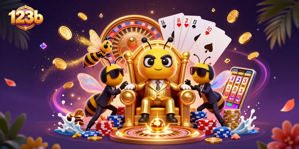123b spins golden coins and colorful chips in a dynamic 3D casino scene showcasing excitement.