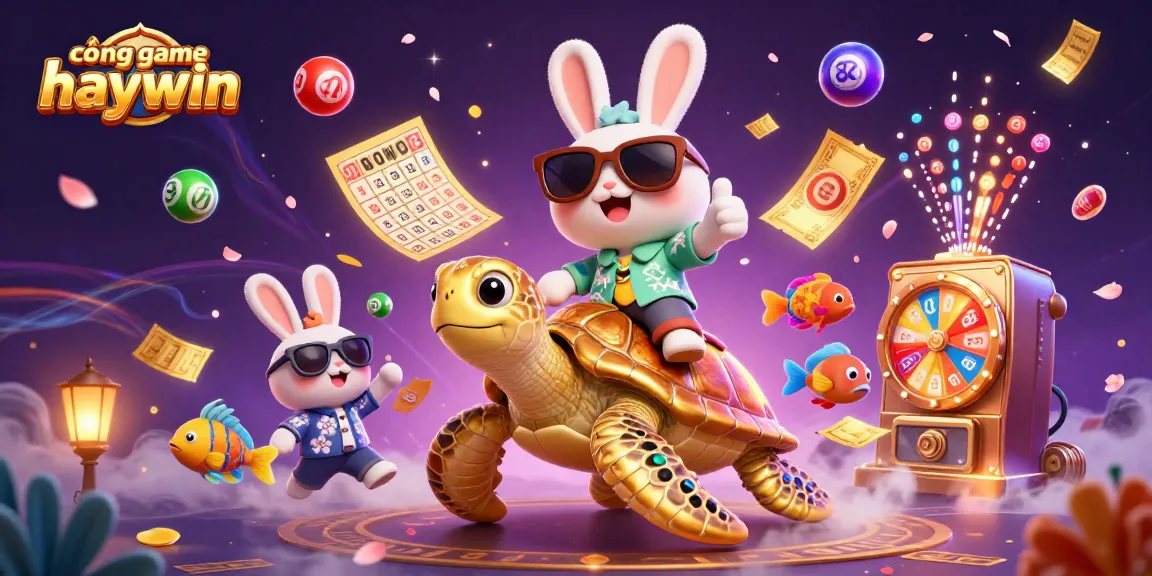 Engage with cổng game haywin - vibrant 3D scene featuring a lucky rabbit and sea turtle amid colorful gaming elements.