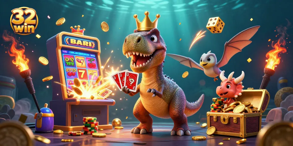 Experience casino excitement with 32 win characters, including T-Rex, in a vibrant slot machine scene.