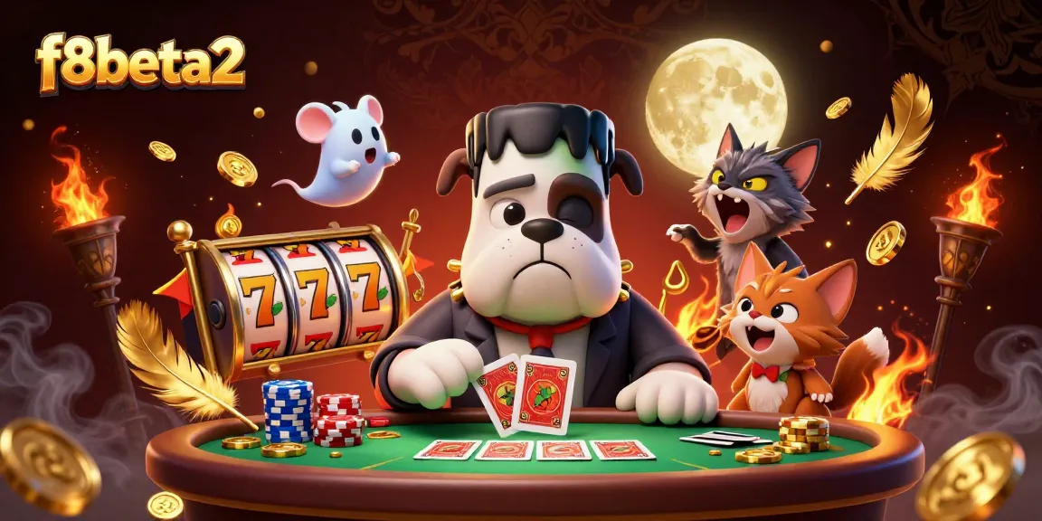 Engage in thrilling card games with f8beta2 as a Frankenstein bulldog dealer surrounded by casino excitement.