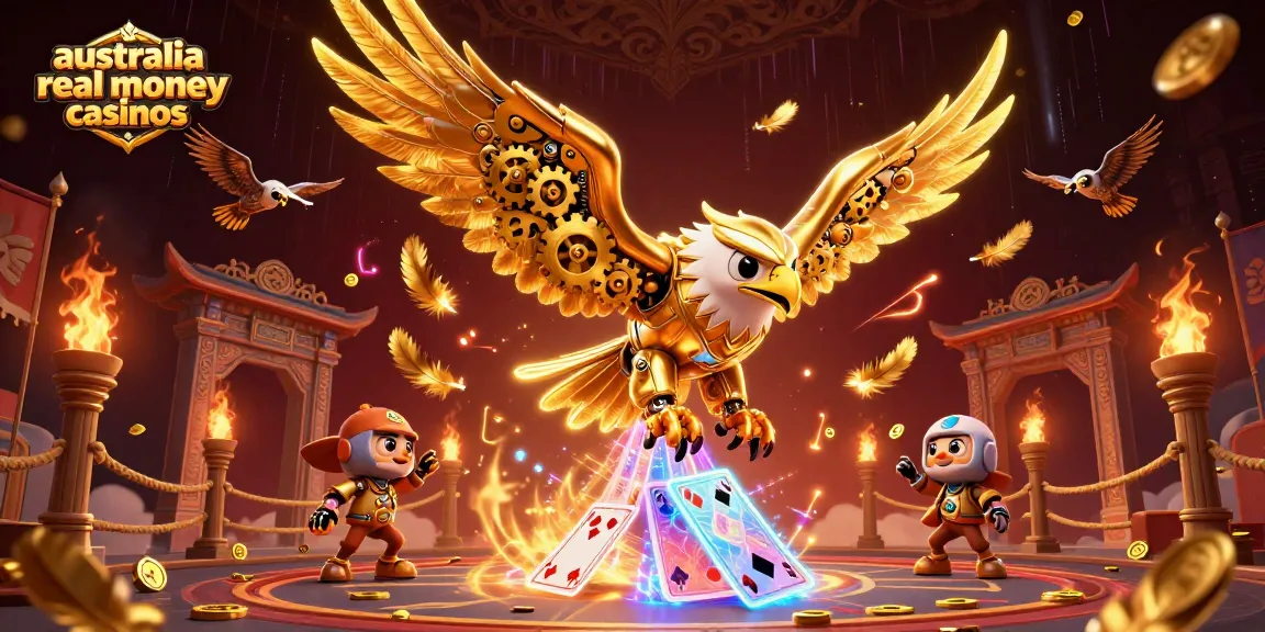 Engage with australia real money casinos through a vibrant, dynamic scene showcasing a golden eagle amid flying poker cards and game elements.
