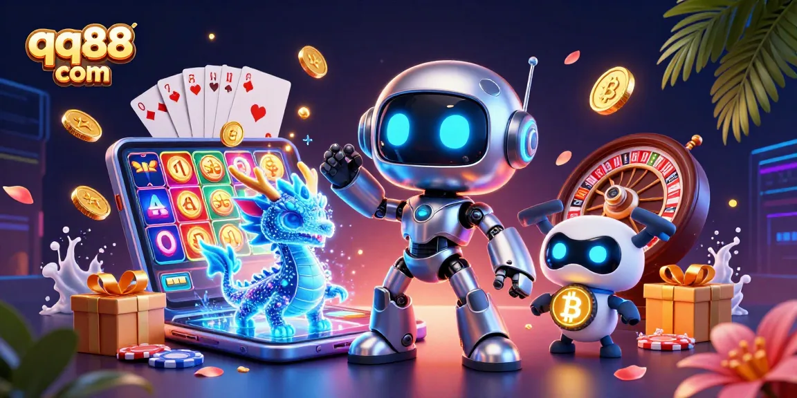 Experience thrilling gambling action at qq88 com with unique casino-themed 3D illustration of vibrant characters.