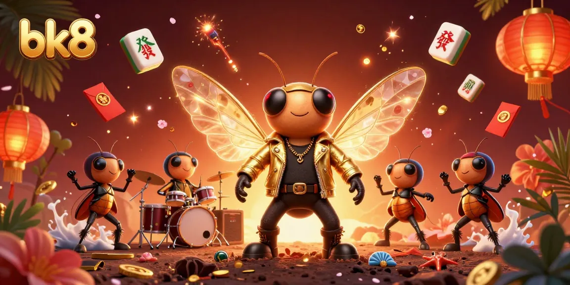 Experience the thrill of bk8 with a vibrant 3D casino illustration featuring a rock star cicada and dynamic game elements.