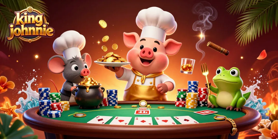 Engage in winning at kingjohnnie's dynamic poker scene with cartoon characters, gold coins, and vibrant casino elements.