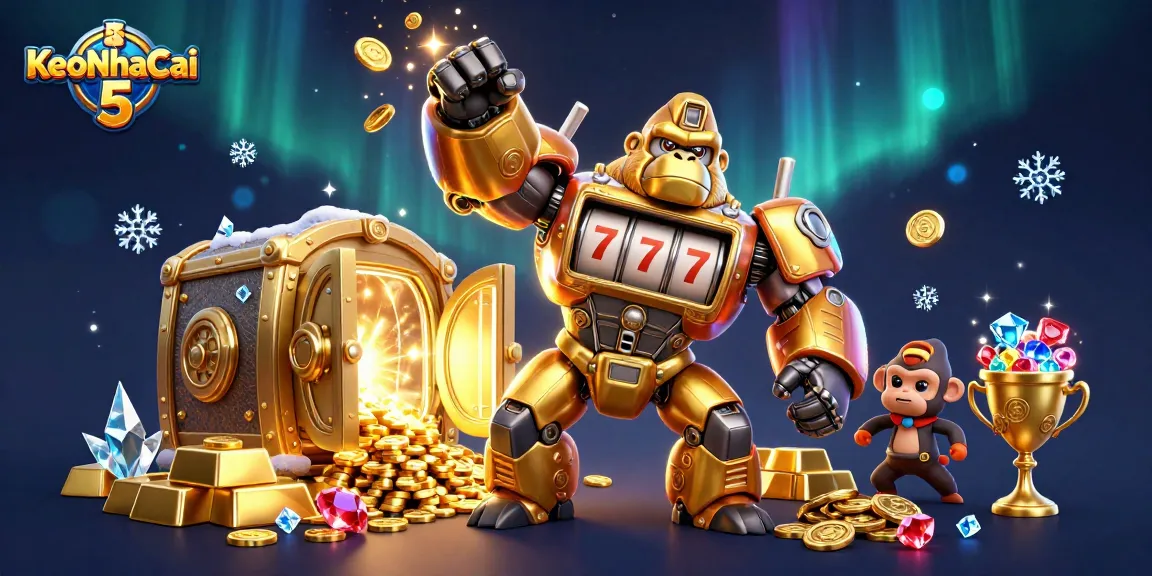 Experience thrills with KeoNhaCai 5's golden gorilla mech in an energetic casino scene.